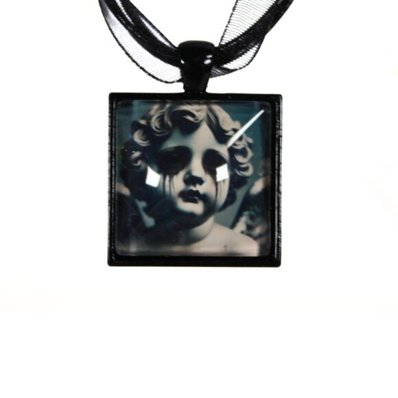 Gothic Grunge Cupid Necklace Handmade Black Metal Square Pendant Crying Cupid - Picture 3 of 3